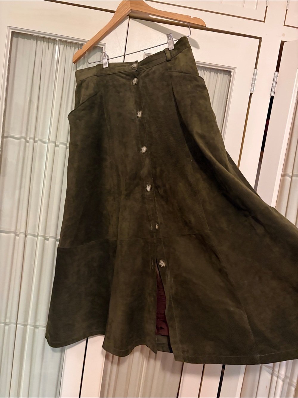 Olive Green Suede Button-Front A-Line Skirt